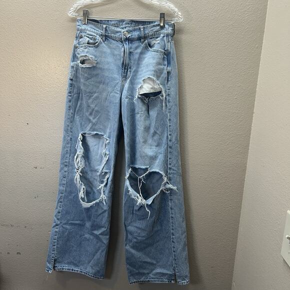 American Eagle Jeans SZ 2 Blue Cotton Super High Rise Baggy Wide Leg Distressed - Picture 1 of 7